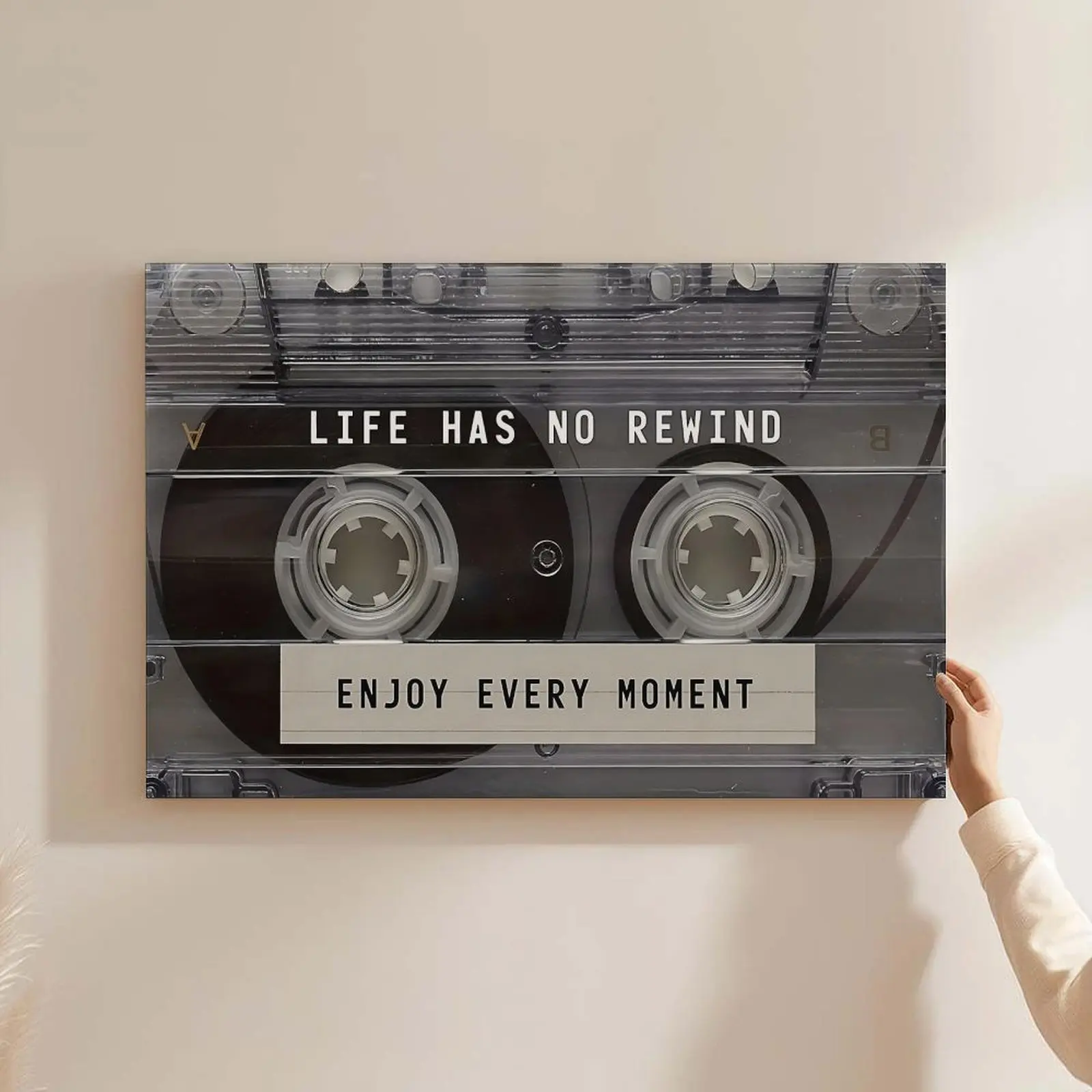 Bedroom Wall Art,Inspirational Wall Art - Retro Cassette Tape Canvas Print Life Has No Rewind Enjoy Every Moment Positive Quotes Wall Decor Motivational Music Poster Office Picture Artwork Home Decor