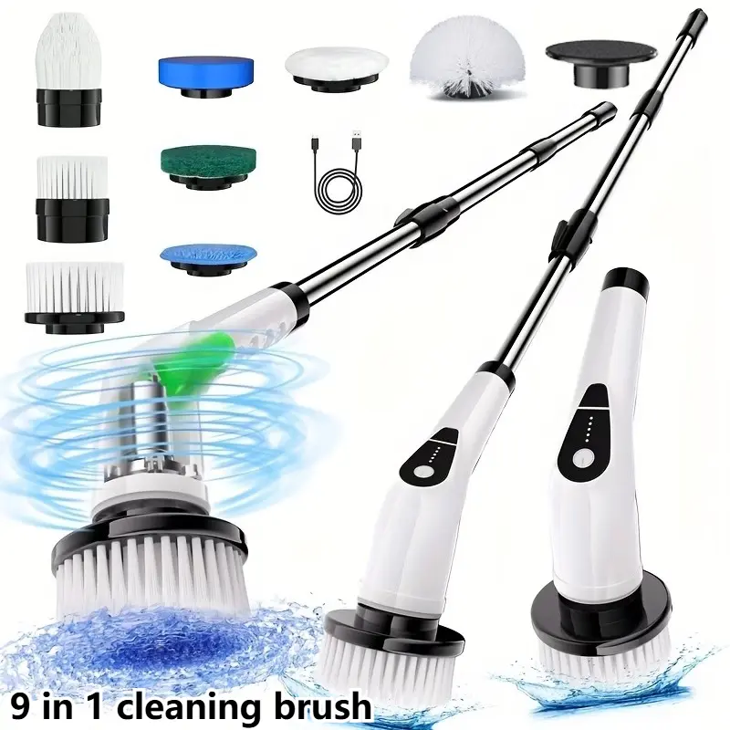 Electric spin scrubber, Cordless, Waterproof, 9 in 1 brush,scrubbing brush, adjustable extendable handle. suitable for household floor, room, bathroom scrubber, bathtub, tile and vehicle. cleaning brush. home essentials.home cleaning tool,dorm essentials