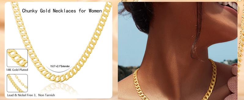 Tewiky Gold Necklace for Women Dainty Chunky Gold Chain Necklace Cuban Link Paperclip Chain Choker Toggle Clasp Pendent Necklace for Women Trendy Fashion Jewelry