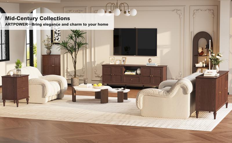 Mid-Century Modern Sideboard Buffet Cabinet, Walnut Wood 4-Door Storage Credenza, Large Capacity, Farmhouse Home Furniture, Entryway Living Room Dining Room, Scratch-Resistant Surface, Hidden Storage Organizer