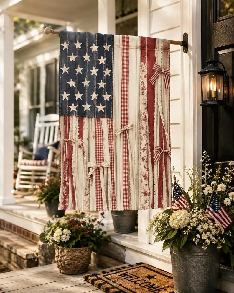 Rustic American Flag Outdoor Flag with Rod Pocket, Patriotic Farmhouse Garden Décor