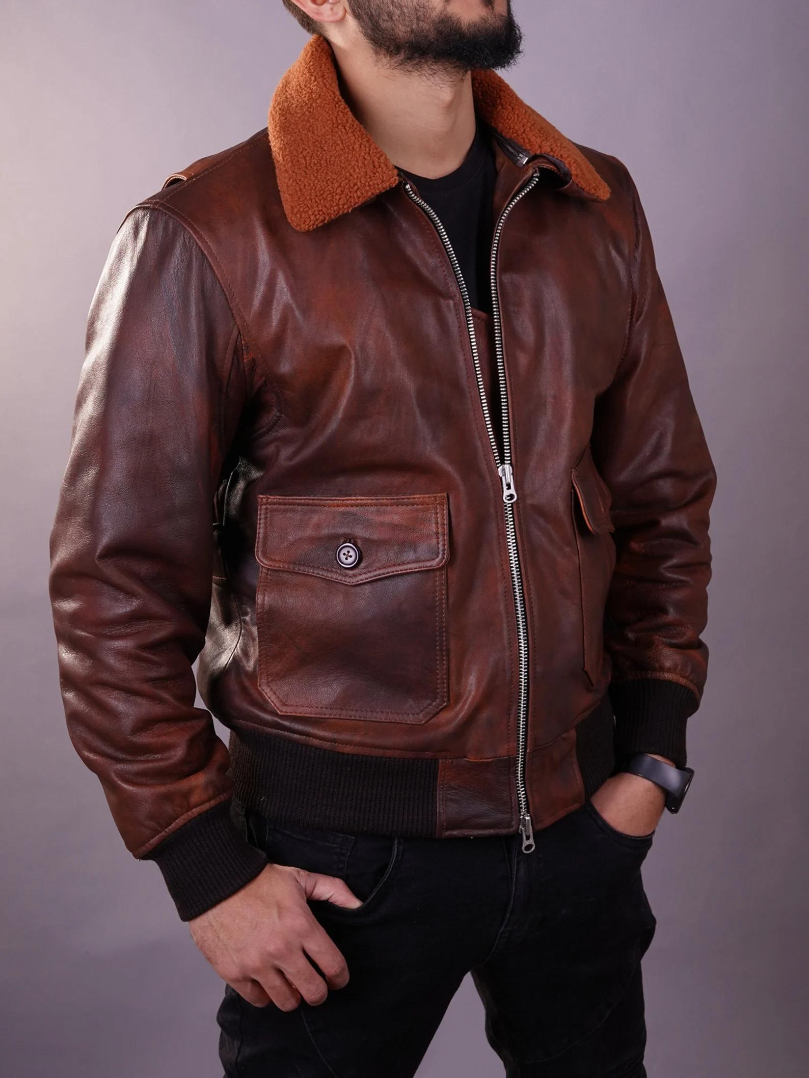 Fanzilla Jackets- Handmade Men's Aviator Flight A-2 American Forces G1 Brown Bomber Leather Jacket