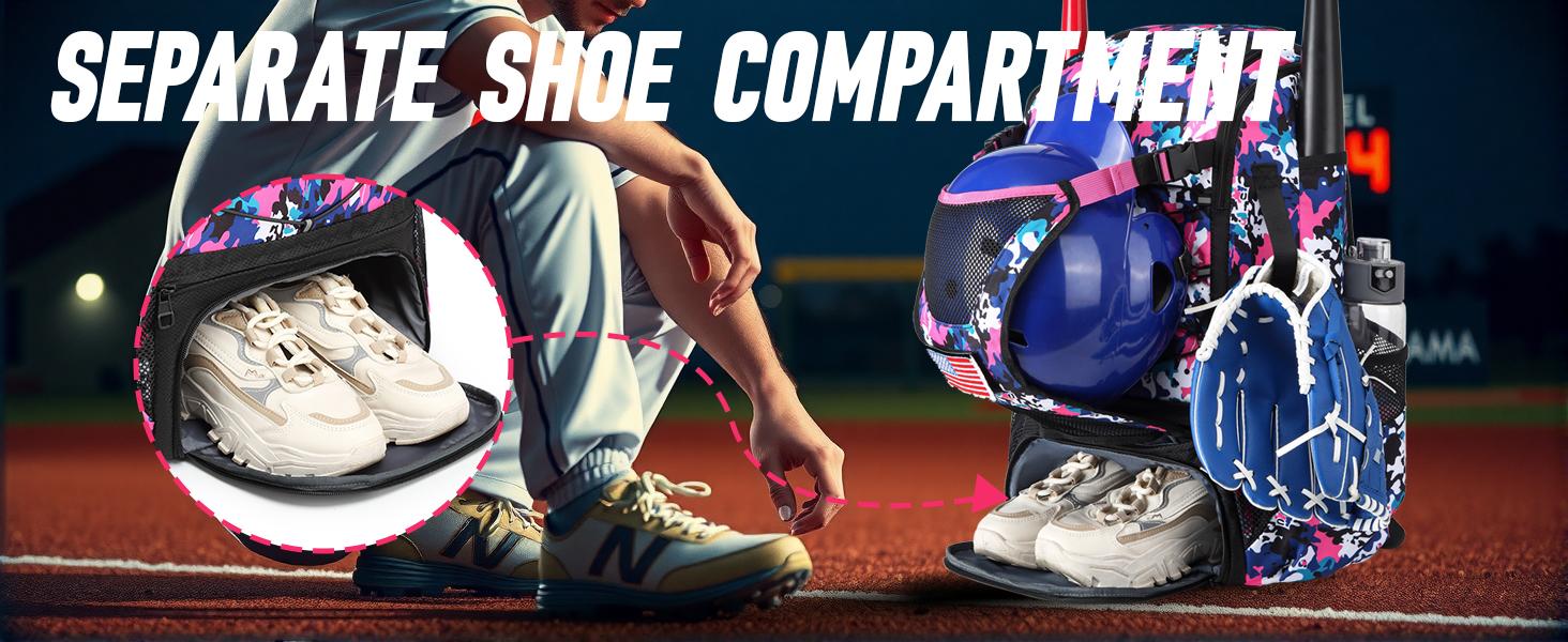 Youth & Adult Baseball Softball Bag - Lightweight Bat Backpack with Fence Hook, Large Main Compartment for Helmet & TBall Equipment, Separate Shoe Pocket