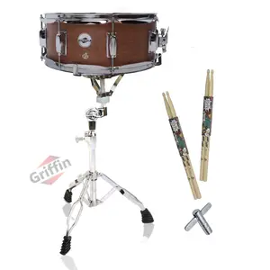 GRIFFIN Snare Drum Package with Snare Stand, 2 Pairs of Drum Sticks & Drum Key | Snare Kit with Poplar Wood Shell 14" x 5.5" with Flat Hickory PVC | 8 Metal Tuning Lugs & Snare Strainer Throw Off