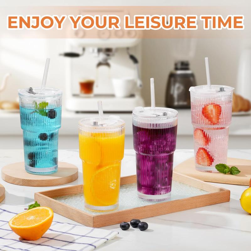 16 oz Ribbed Glass Tumblers with Lids and Glass Straws 1-Piece Glassware Set Thickened Wall Ideal for Iced Coffee Smoothies Cocktails and Juices Elegant and Durable Drinkware