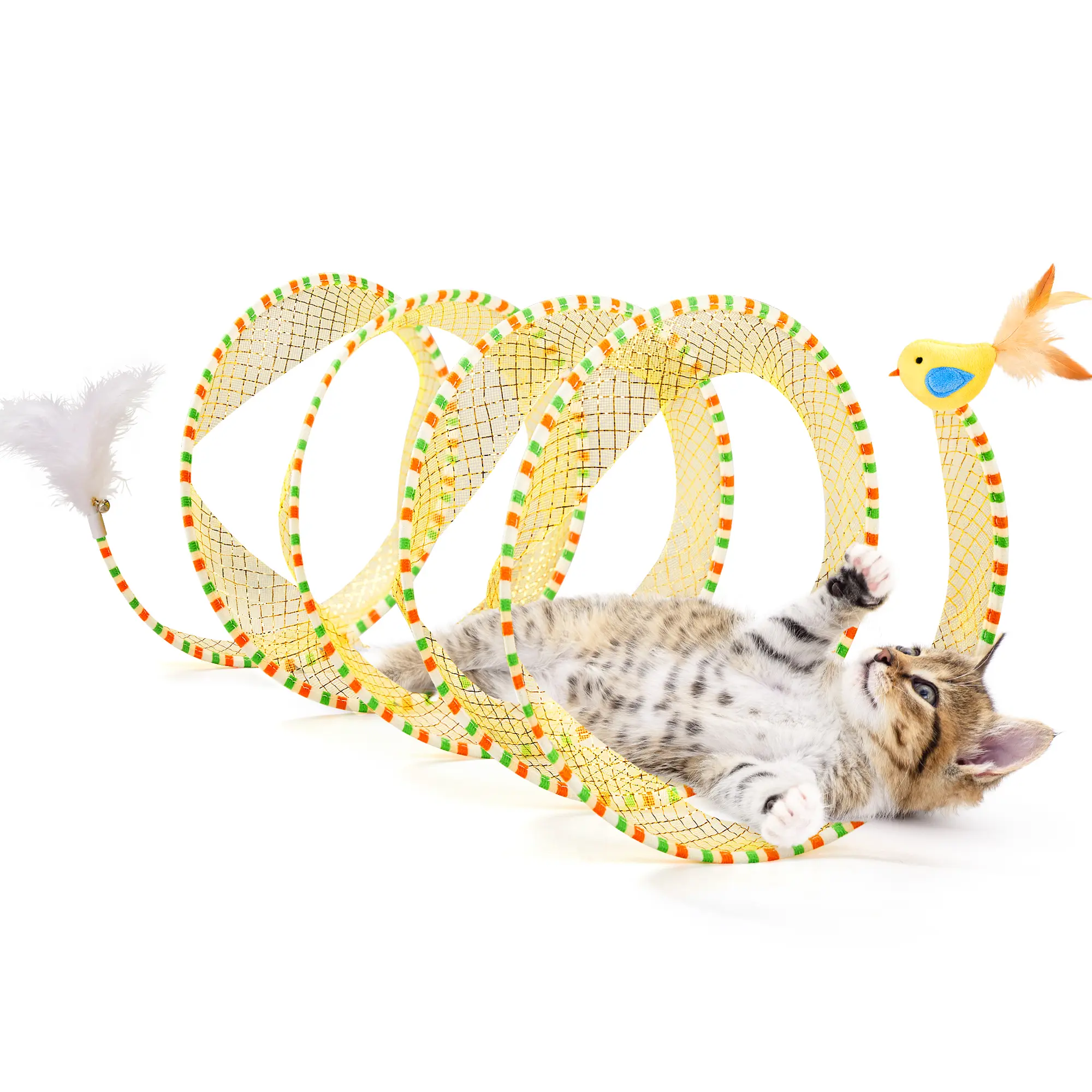Potaroma Spiral Cat Tunnel Toy, Collapsible Spring Play Tunnel with Feather & Bell for Indoor Kittens & Cats, 20 Inches Unfolded #backtoschool