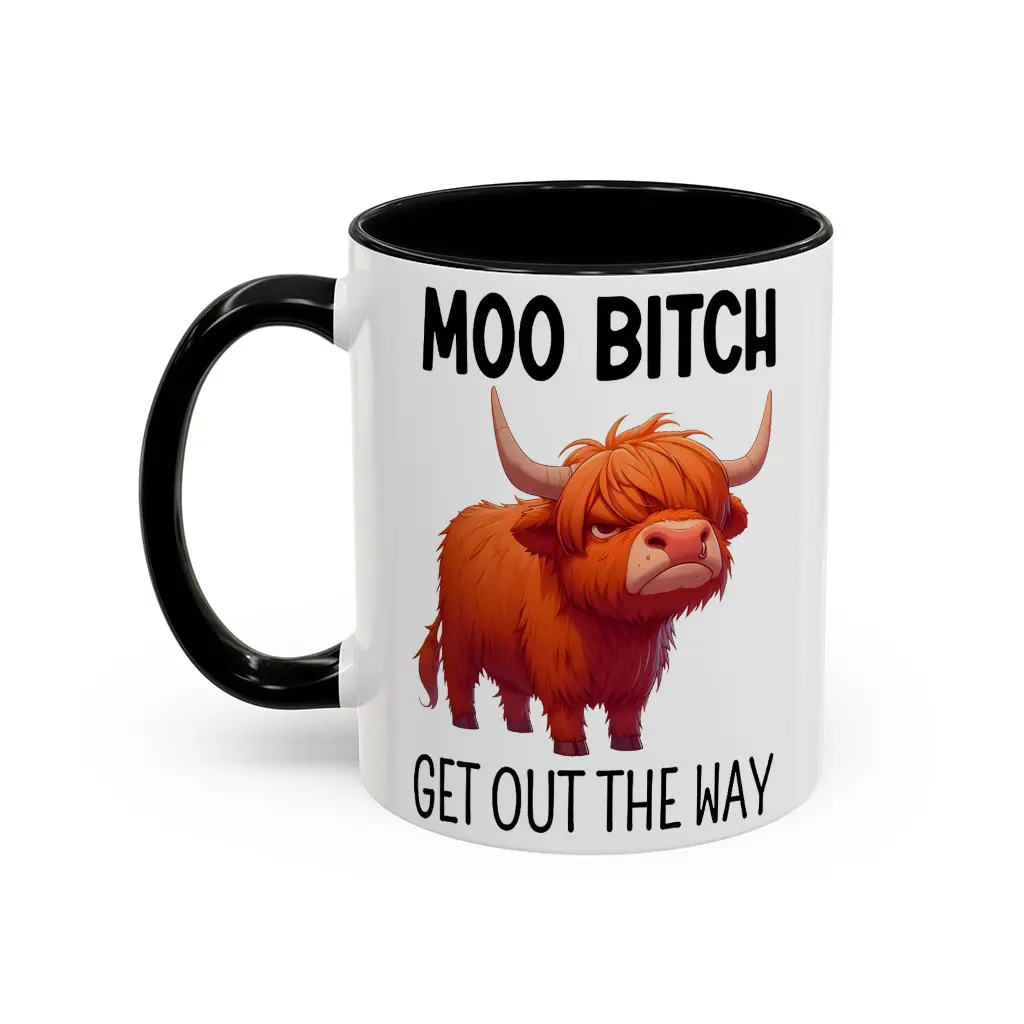 Funny "Moo Bitch Get Out The Way" Watercolour Printed Ceramic Highland Mug - Standard Cup with Classic Stripes, Letters, Patchwork & Geometric Design, Reusable Drinkware for Coffee & Tea, Cow Lover Gag Gift for Office Desk Decor, Animals