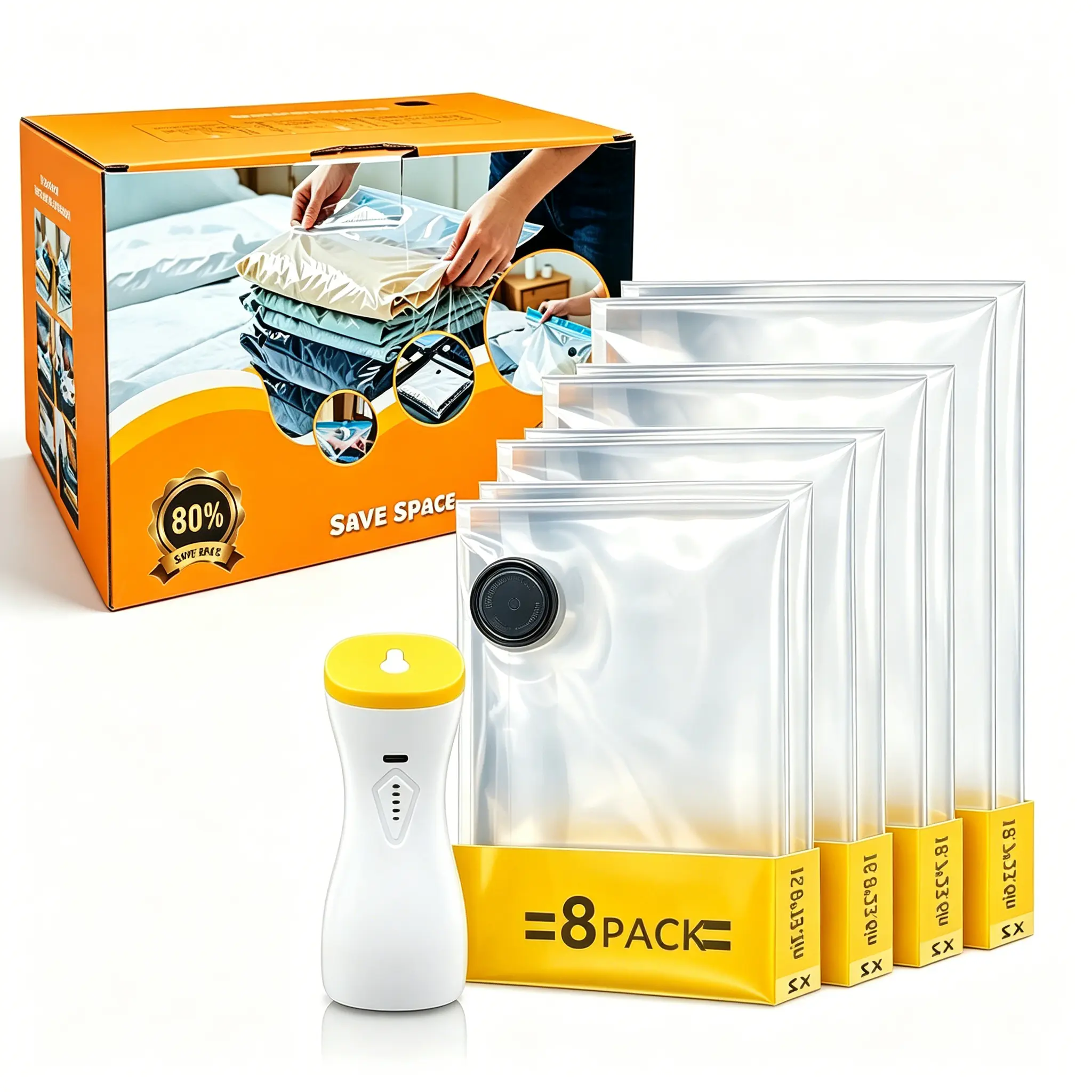 【DealsForYou】Rechargeable Cordless Vacuum Packing Pump - 2-in-1 Inflate & Deflate, Portable Vacuum Sealer for Travel, with 8/16-Pack Transparent Multi-Sizes Fabric Storage Bags, Cuts 80% Storage Space, Handheld for Family, Camping, Fits Handbags