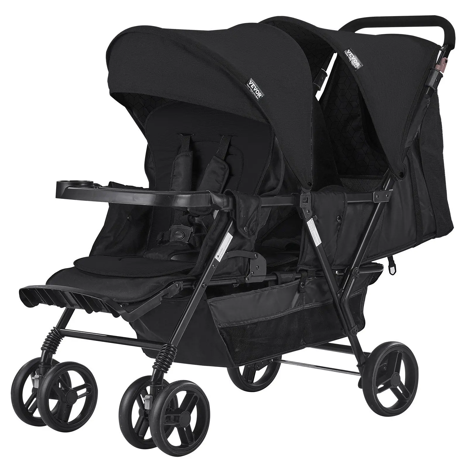 VEVOR Carbon Steel Double Stroller, Foldable Lightweight Twin Tandem Stroller with Stable Solid Sturdy Frame, Belted Seats, Adjustable Push Handle, Skin-Friendly Design for Various Terrains, Black, Easy Install