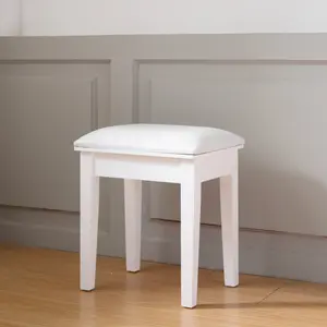 Vanity Stool Makeup Bench Dressing Stool with Cushion and Solid Legs,White Leather Comfortable Wood Contemporary Design Elegant Max Load