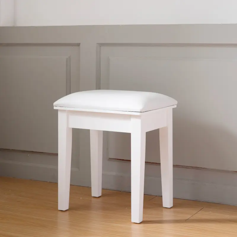 White Leather Vanity Stool with Cushion, Solid Wood Legs & Modern Design - Comfortable Indoor Furniture Dressing Bench (Max Load Capacity)