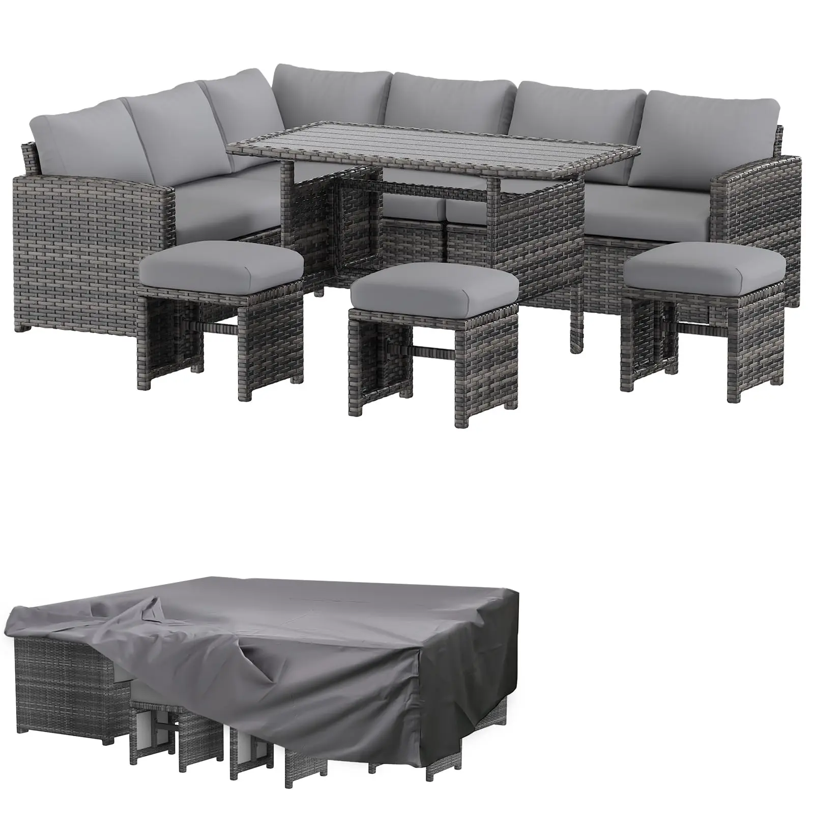 【3 to 4 packages】YODOLLA Patio Furniture Set with Cover, 7 Pieces Outdoor Sectional Sofa Conversation Set All Weather Wicker Rattan Couch Dining Table & Chair with Ottoman