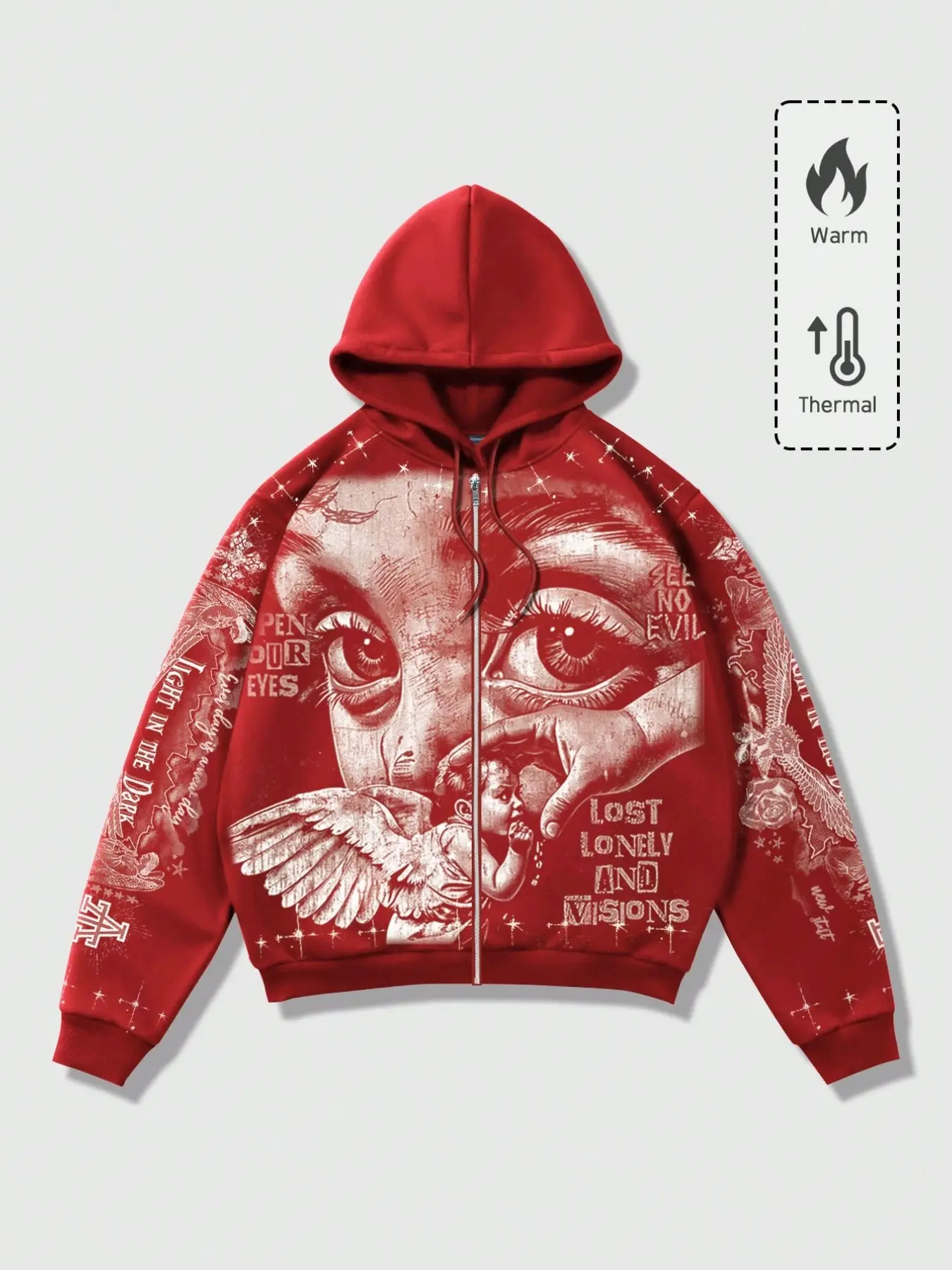 Men's Y2K Retro Streetwear Hoodie, Casual Oversized Loose-Fit Jacket, Angel Wings Graffiti Print, Red, Zip-Up Sweatshirt, Dark Fashion, Trendy Graphic Hoodies, Hooded Top