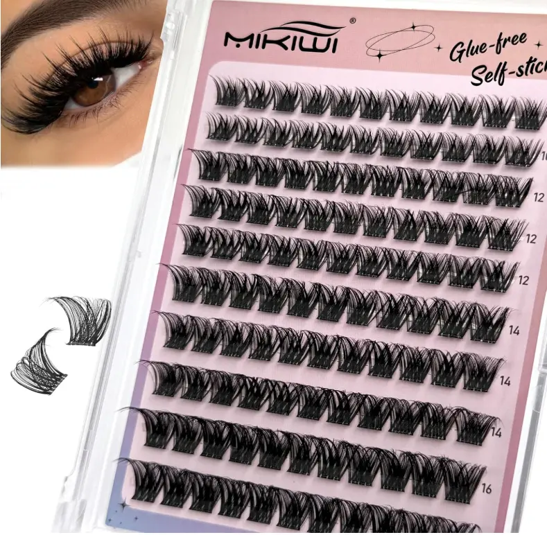 MIKIWI Self Adhesive Lash Clusters, No Glue Needed Wispy D-Curl Lash Clusters 10-16mm Pre Glued Eyelashes Clusters No Residue Self Adhesive Eyelashes