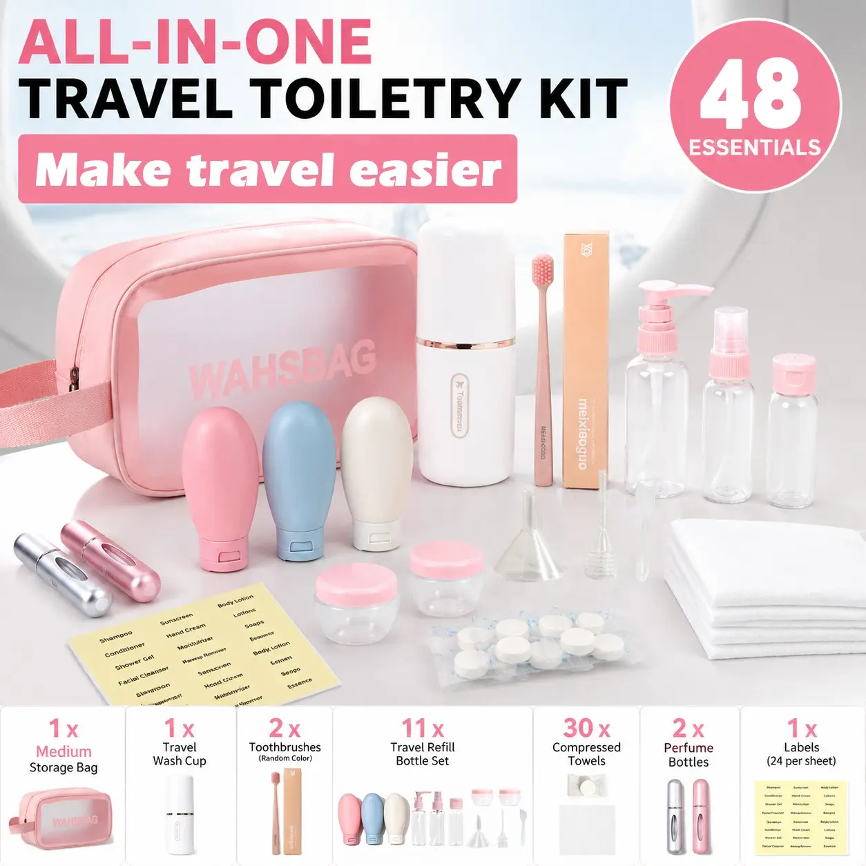 48PCS Travel Toiletry Set, Travel Organiser Set for Women & Men, Portable Organizer Bag with Toothbrush Cup, Refillable Bottles, Compressed Towels for Vacation, Camping, Flight Essentials, Traveling Essentials Kit