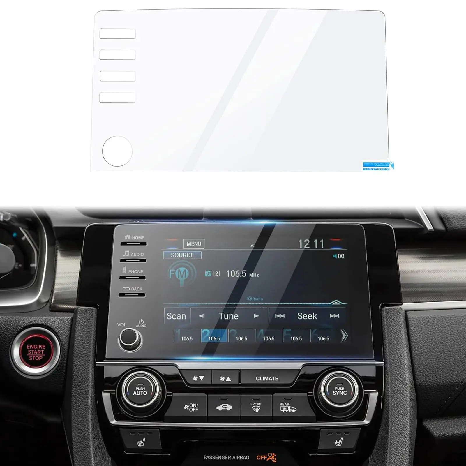 Canvcle Custom Fit 9H Tempered Glass Screen Protector for 2019-2021 Honda Civic LX, EX, Touring, Si, EX-L 4-Button Navigation Touchscreen, Water & Grease Resistant Car Interior Accessory with Smooth Installation, Strong Protection, High Definition, Water