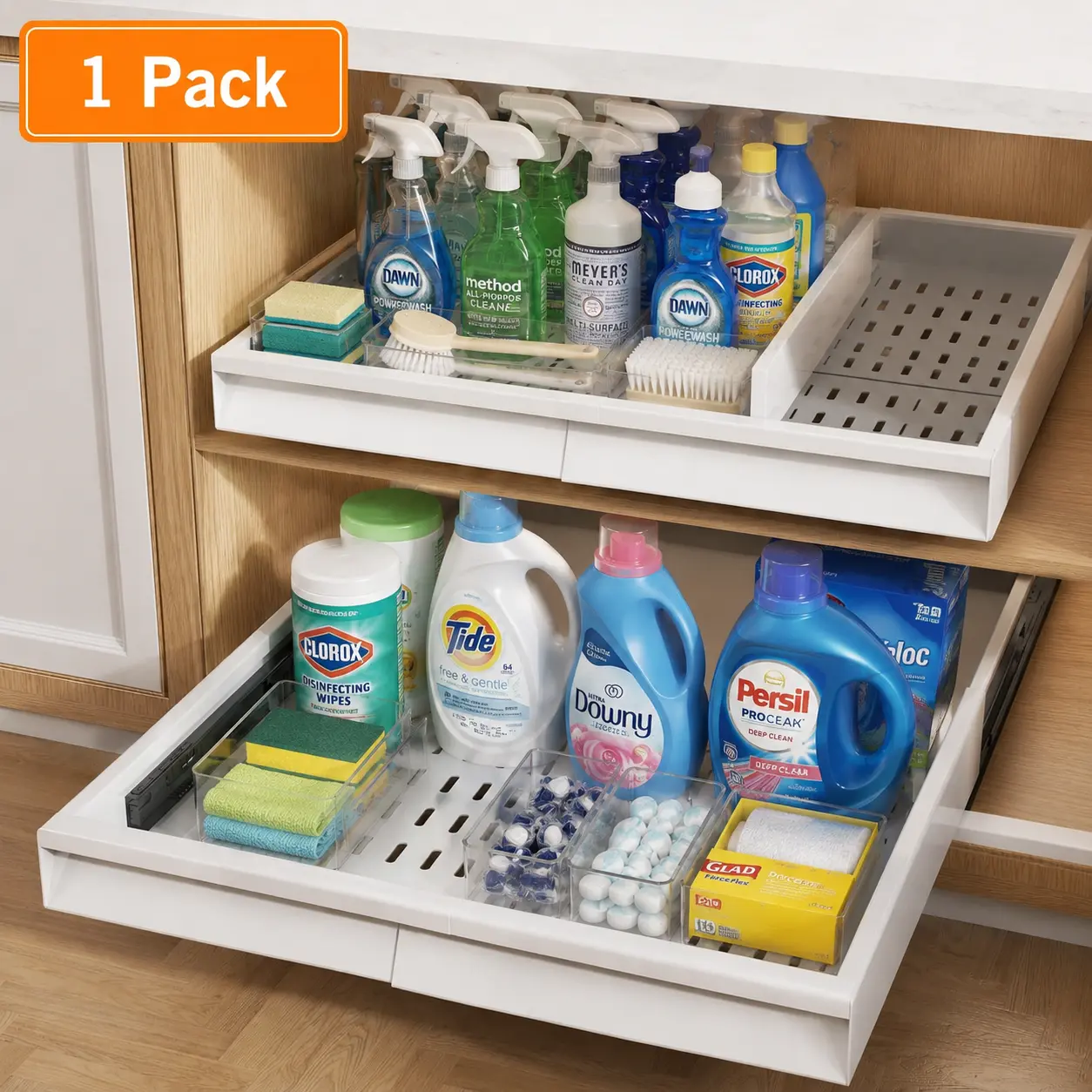 Under Sink Pull-Out Cabinet Organizer - Expandable Sliding Drawer, Heavy-Duty Water-Proof Smooth Storage Rack with Adjustable Design, Easy Installation for Organizing Kitchen Cleaning Supplies