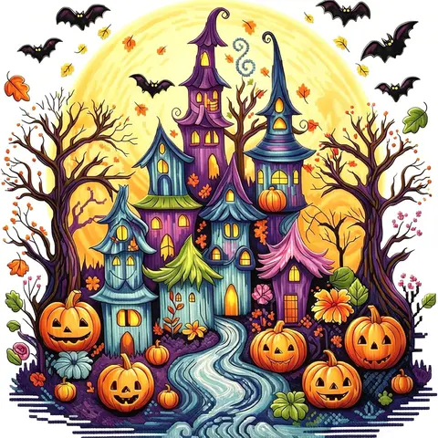 GemZono 5D Full Drill Diamond Painting Kits - Creepy Halloween Neon Glow Aesthetic, Haunted Houses, Pumpkins, Ghosts, Skull Moon, Blacklight Purple Green Wall Decor for Adults (1/3/4pcs, 1pcs Round Drills 12x16inch) with 1 Diamond Pen, 20% Extra Beads