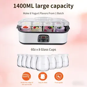 Simple Homemade Yogurt Maker 110V - 8-Cup 8 Glass Cups + 5 Bonus Tools: Jam Spreader, Bottle Opener, 1400ML Large Capacity, Food-Safe Materials, Adjustable Sugar Content, Organic Milk Ready kitchen appliances