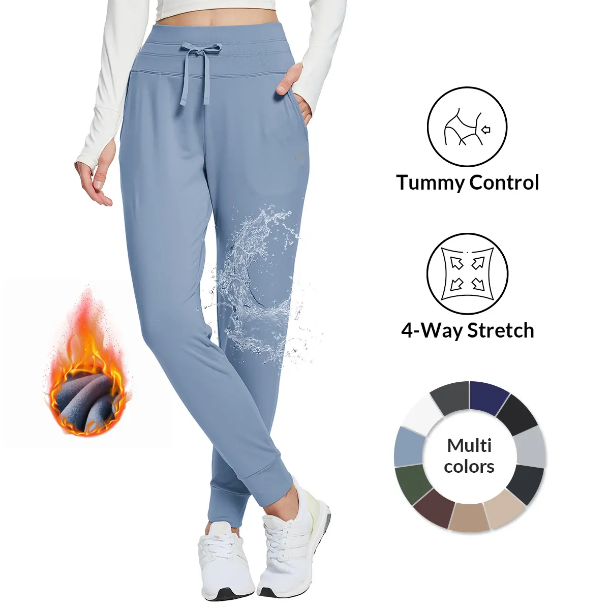 Baleaf Women's 25"/28"/30" Polyester Blend Fleece Lined High Waistband Thermal Joggers, Water Resistant, Tummy Control, Adjustable Drawstring, Side Pockets, Flexibility, Cuffed Loose Bottom for Winter Running & Hiking