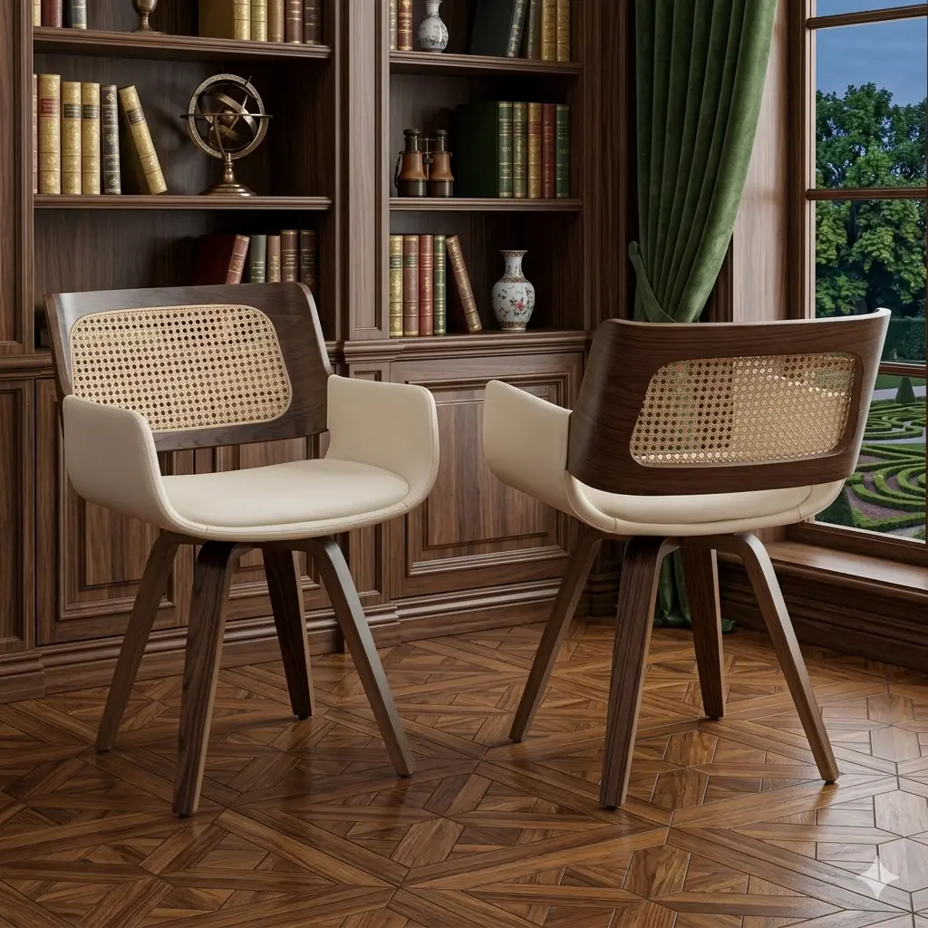 Set of 2 Mid Century Modern Swivel Dining Chairs - Ergonomic Cane Back Curved Arm Bentwood Frame Walnut Wood Faux Leather Cushion Seat Kitchen