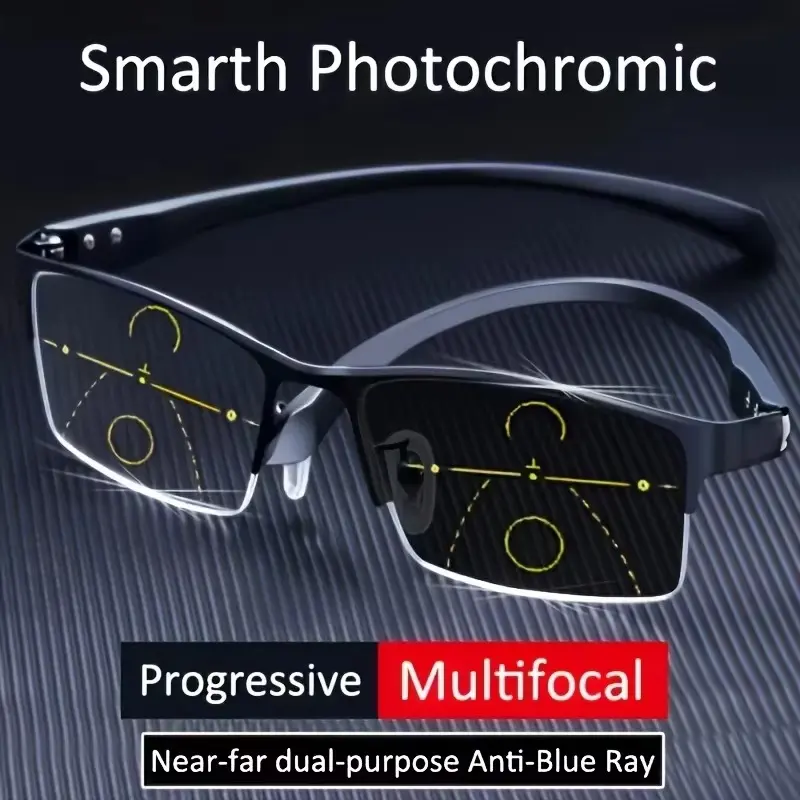Men's TR90 Anti-UV Antifatigue Transition Eyeglasses - Flexible Temples, Photochromic Progressive Multifocal for Hyperopia Presbyopia, Male Anti-Glare Polarized Color Changing Lens Sports Eyewear for Drivers