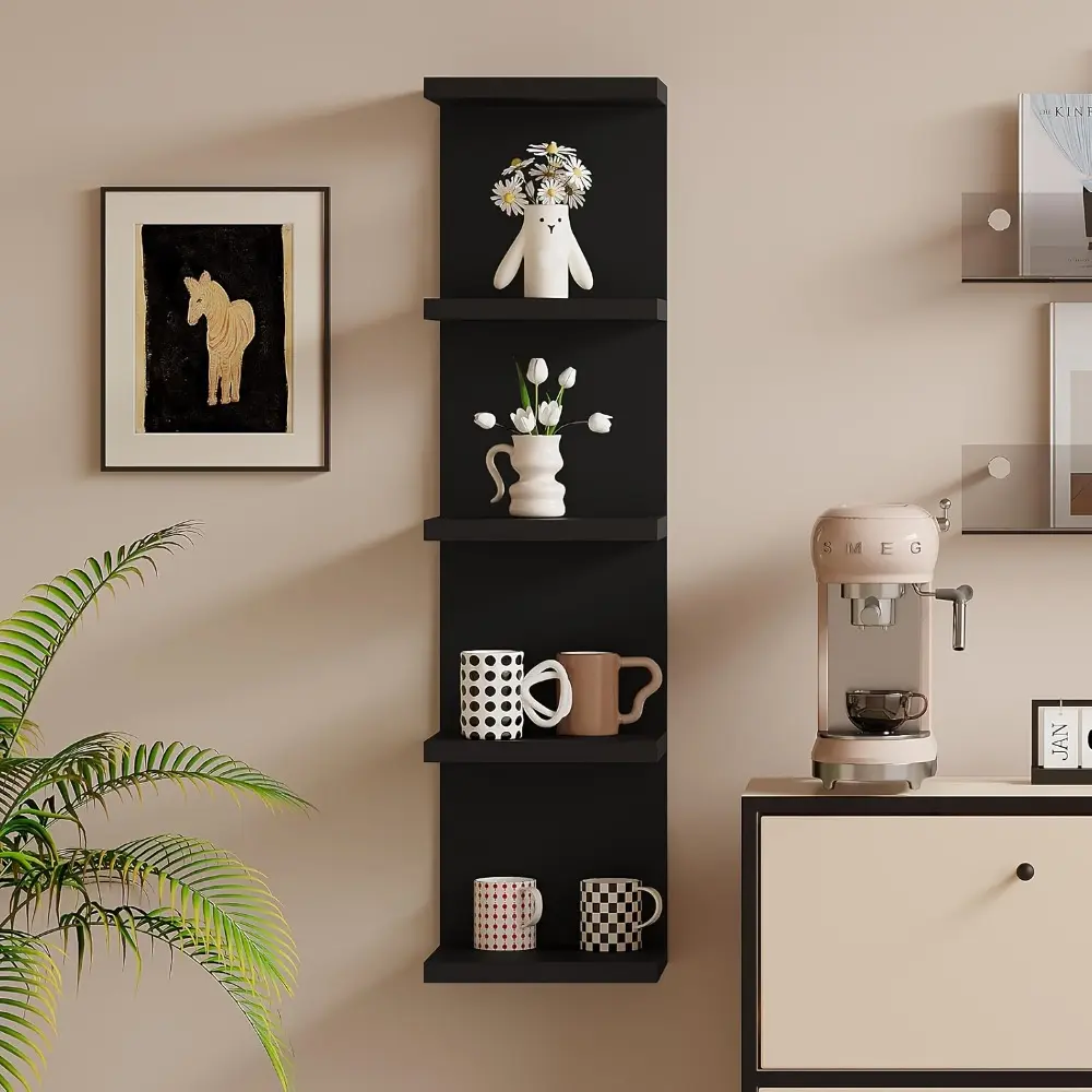 Five-layer black floating wall shelf, combining texture and stability. No hardware accessories required, easy to install even for women. Suitable for bedrooms and living rooms. Wall-mounted design saves floor space. Room Decor Shelfs For Wall