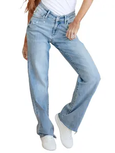 Judy Blue High Rise V Front Waistband Straight Leg Light Wash Raw Hem Jeans 33" Tall inseam 82483, Stretchy Cotton Comfort Women's Denim Bottom