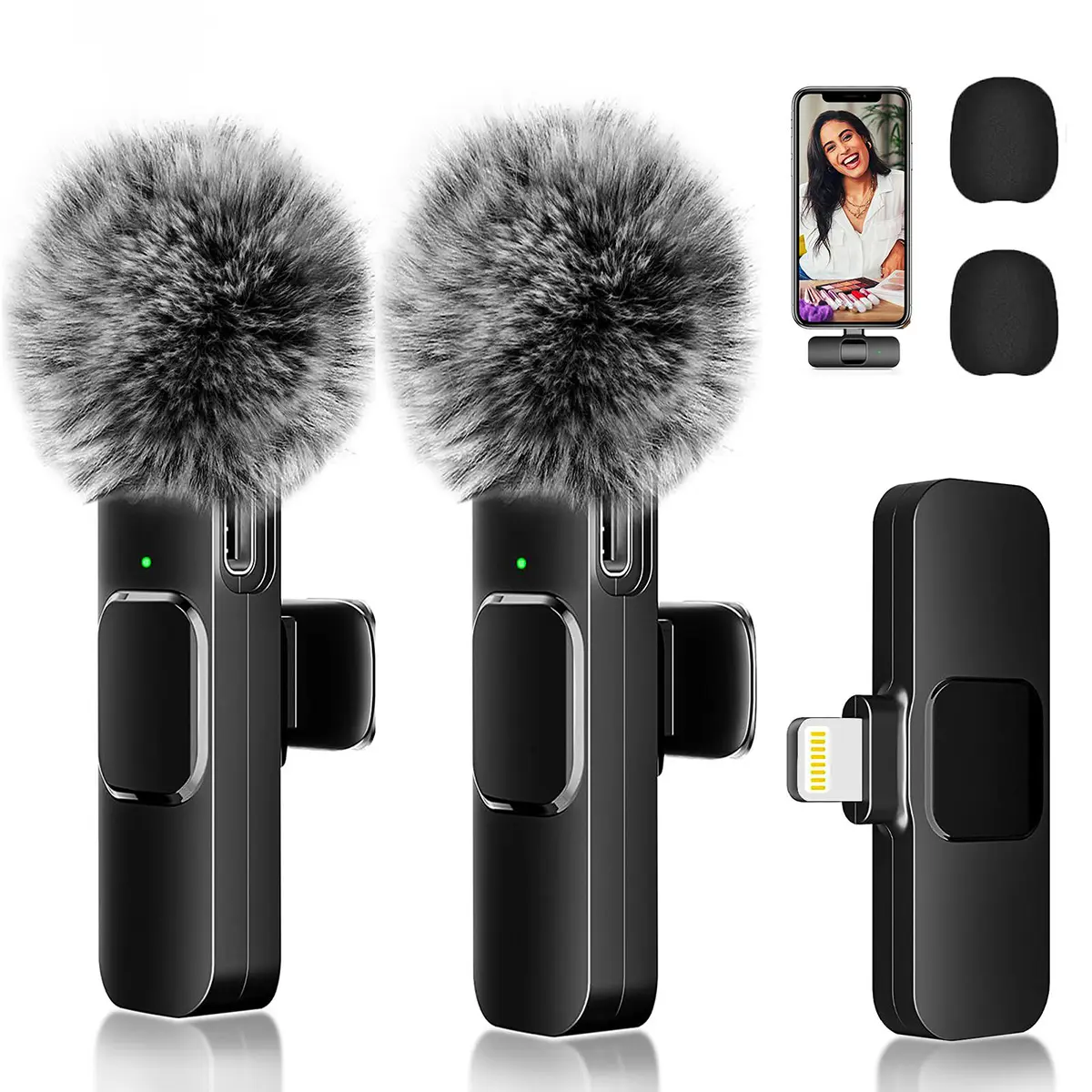 2pcs Professional Wireless Lavalier Lapel Microphone for iPhone, iPad, Smartphone - Cordless Omnidirectional Condenser Audio Mic with Lightning Port for Vlogging Equipment, Streaming Equipment, Interview