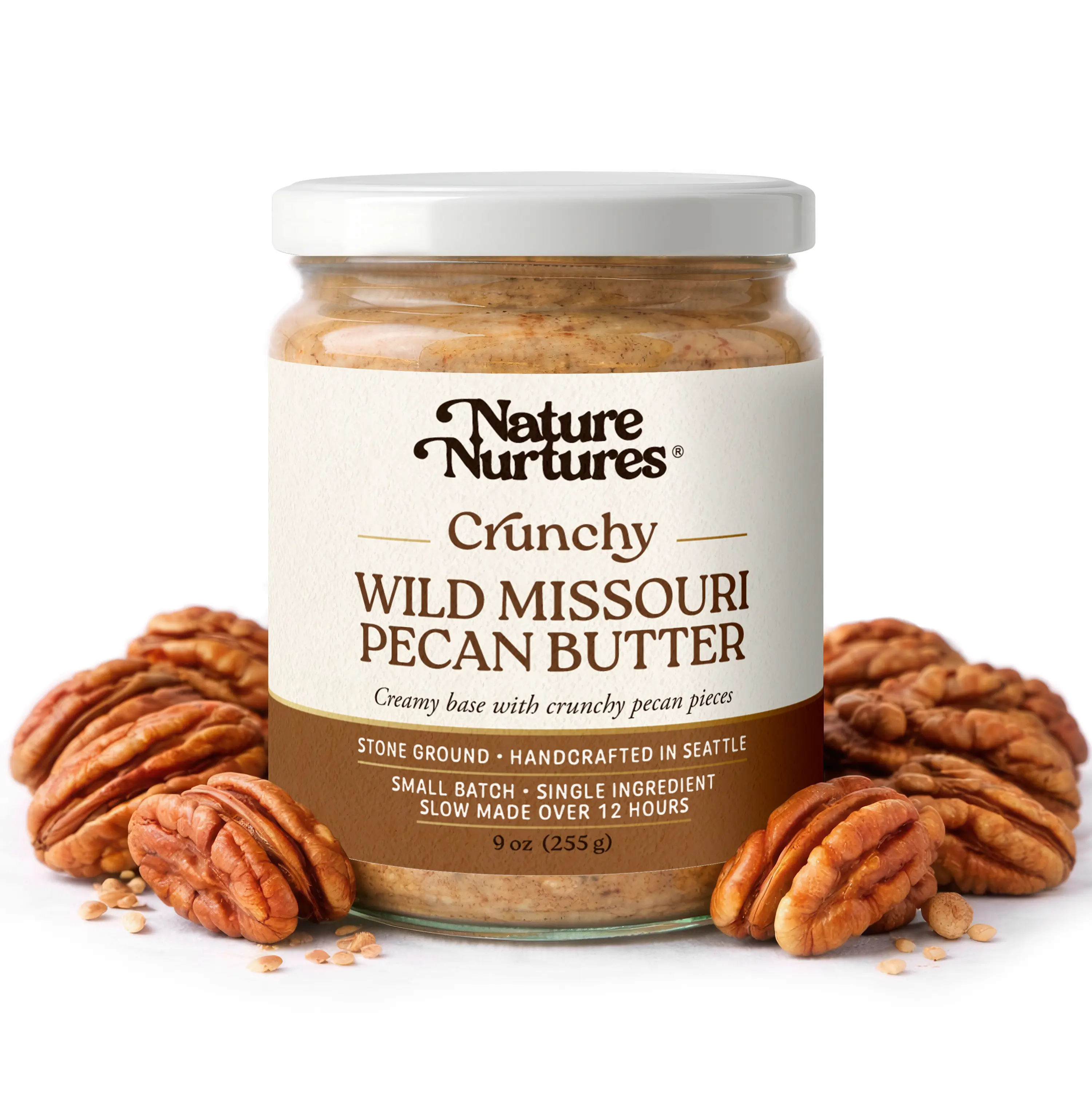 Crunchy Wild Pecan Butter · Single Ingredient · Raw · Stone Ground · Slowly Made Over 12 Hours · Small Batch · Handcrafted in Seattle USA  · High Protein · No Added Sugar · No Palm Oil · Unrefined · 100% Pure & Natural · Packed in Glass Jar · 9 oz (255 g)