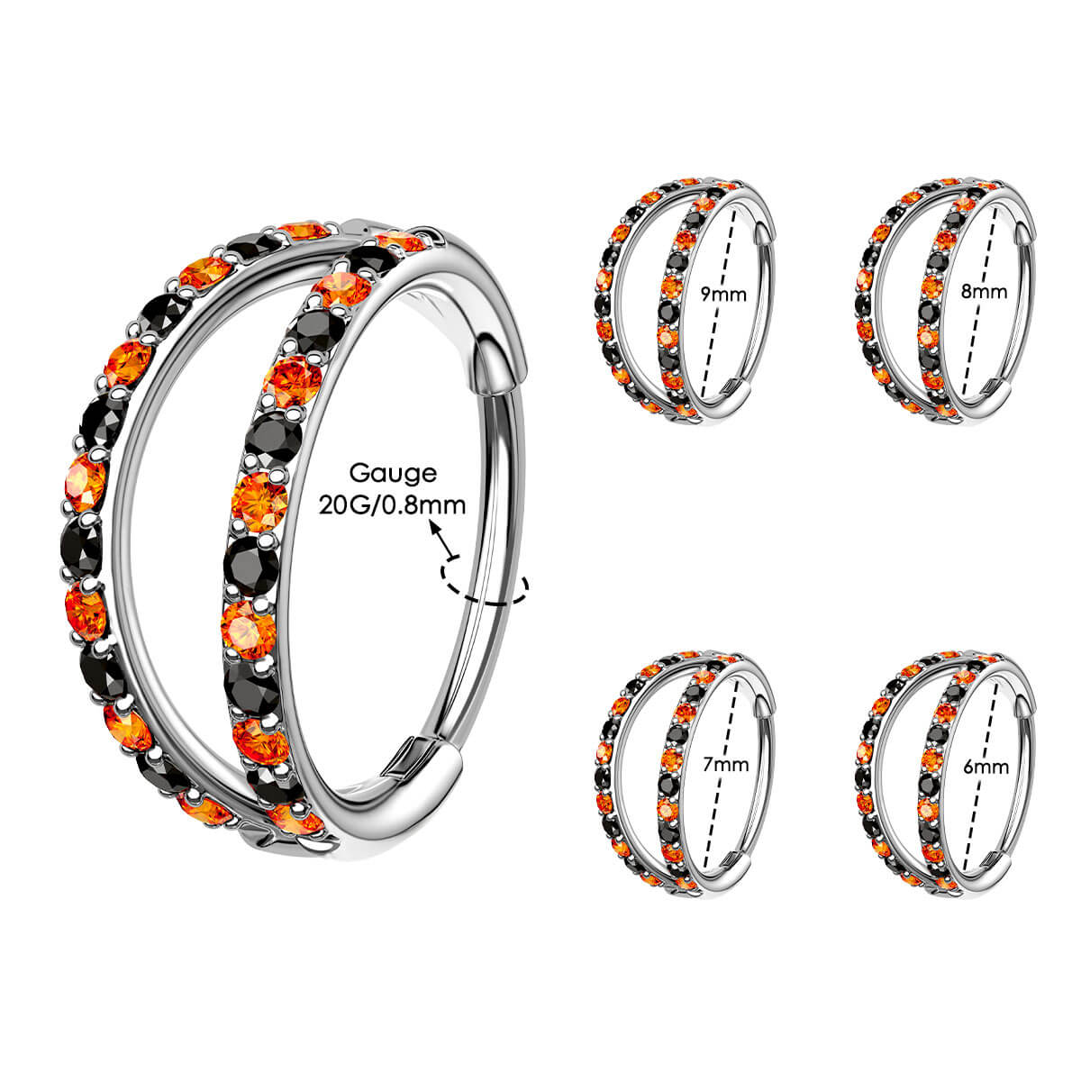 Oufer Halloween 20G AAA+ Grade CZ Hinged Double Row Nose Nostril Piercing Hoop Ring 316L Stainless Steel 5mm-12mm Inner Diameter for Conch Helix Lobe Tragus Cartilage Jewelry