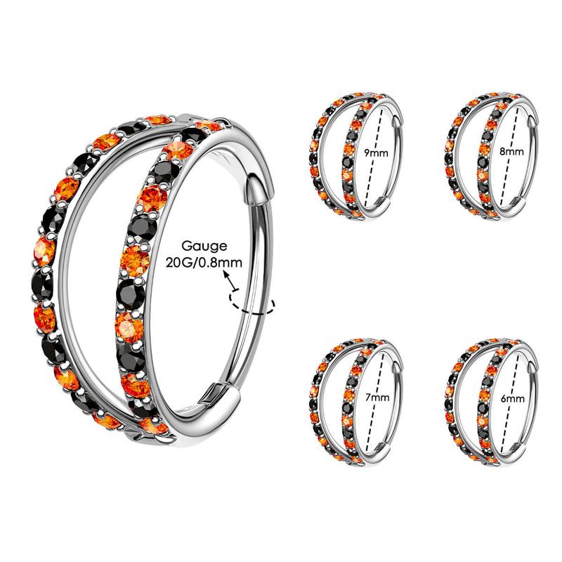 Oufer Halloween 20G AAA+ Grade CZ Hinged Double Row Nose Nostril Piercing Hoop Ring 316L Stainless Steel 5mm-12mm Inner Diameter for Conch Helix Lobe Tragus Cartilage Jewelry