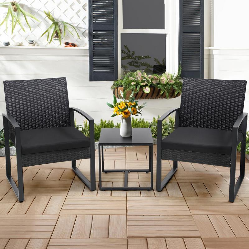 GOOD DEALS SMILE 3 Piece Wicker Patio Furniture Set, Outdoor RockingChairs, Outdoor Furniture with Table & Cushions, Patio Chairsfor Balcony Porch, Black