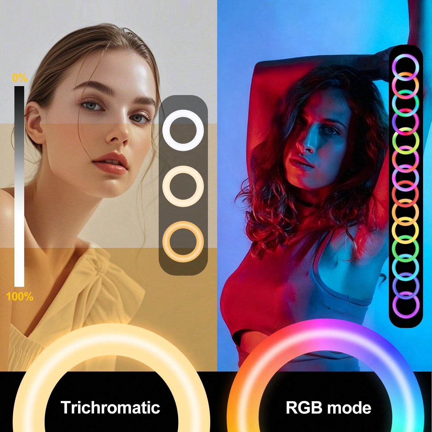 18 Inch RGB LED Ring Light with 70" Aluminum Alloy Tripod, with 1 selfie remote/3 Phone Clips/1 USB Ports, 3200-6500K Dimmable Fill Light Compatible with iPhone for Volg, Selfie Makeup, Lash Studio, Streaming Video, Recording Lighting#Spring Break