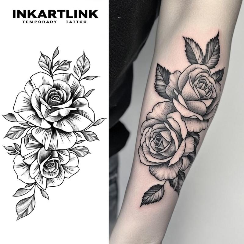 INKARTLINK Tattoo Tech, 2 Sheets Semi-Permanent Temporary Tattoos ,Rose 2,Adult Art Design,Lasts 1-2 Weeks, Waterproof, Realistic Look, No Adhesive, No Reflection,For Man And Woman,Ideal for Swimming, Party