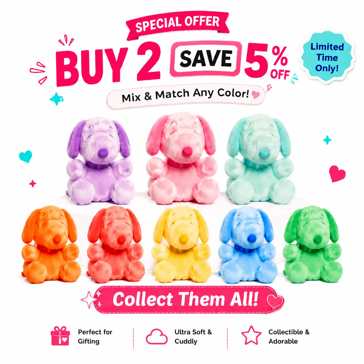 Palm Pals Adorable Snoopy Color Collection 5 inch Mini Soft Plush Collectable Stuffed Animal, Back to School Gifts for Kids
