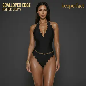 Oceva Women's Scalloped Halter One Piece Swimsuit - Sexy V-Neck Backless Monokini - Tummy Control Slimming Bathing Suit (S-XL) solid color