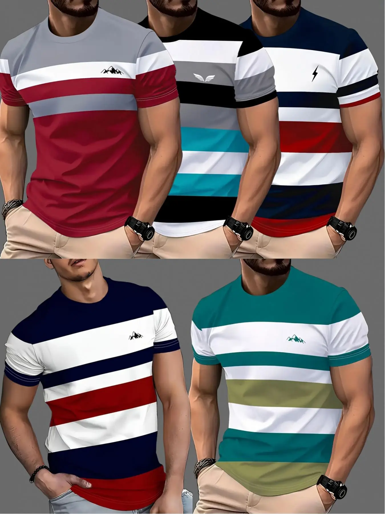 5 pieces of fashionable Casual 3D digital printed simple striped men's T-shirts Fit t shirt