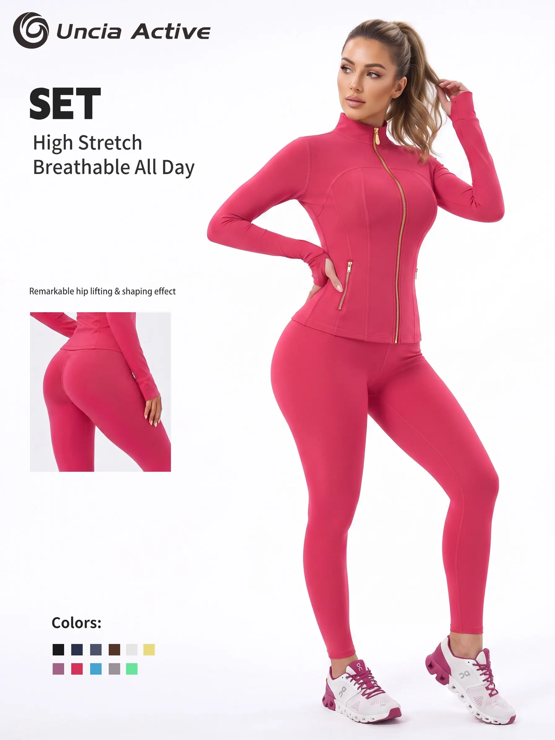 Zip Up Yoga Jacket Leggings 2 Piece Set, Gold Zipper Thumb Hole Workout Outfit with Pockets, Gardenia Scent Athletic Tracksuit Women Sportswear,back to school,back to school haul
