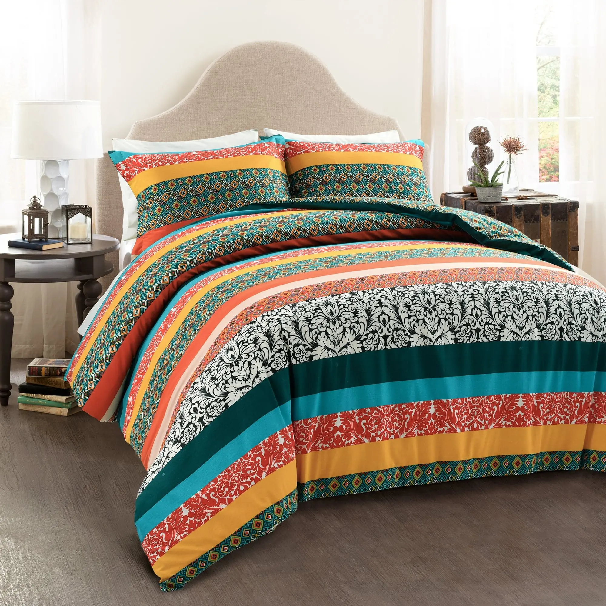 Lush Decor Boho Stripe Cotton Fabric Reversible Print Duvet Cover Set - Twin XL, Full, Queen, King Sizes, OEKO-TEX Certified, Machine Washable Comfy Household Bed Set, Comfy Bedding Sets, Household Bedding Set