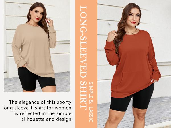 AUSELILY [Plus Size] Women's Crewneck Hoodless Sweatshirt With Kangaroo Pocket  Fleece Longsleeve Casual Style Shirt  Lightweight Pullover