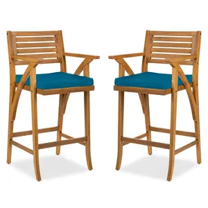 Best Choice Products Set of 2 Outdoor Acacia Wood Bar Stools Bar Chairs w/ Weather-Resistant Cushions
