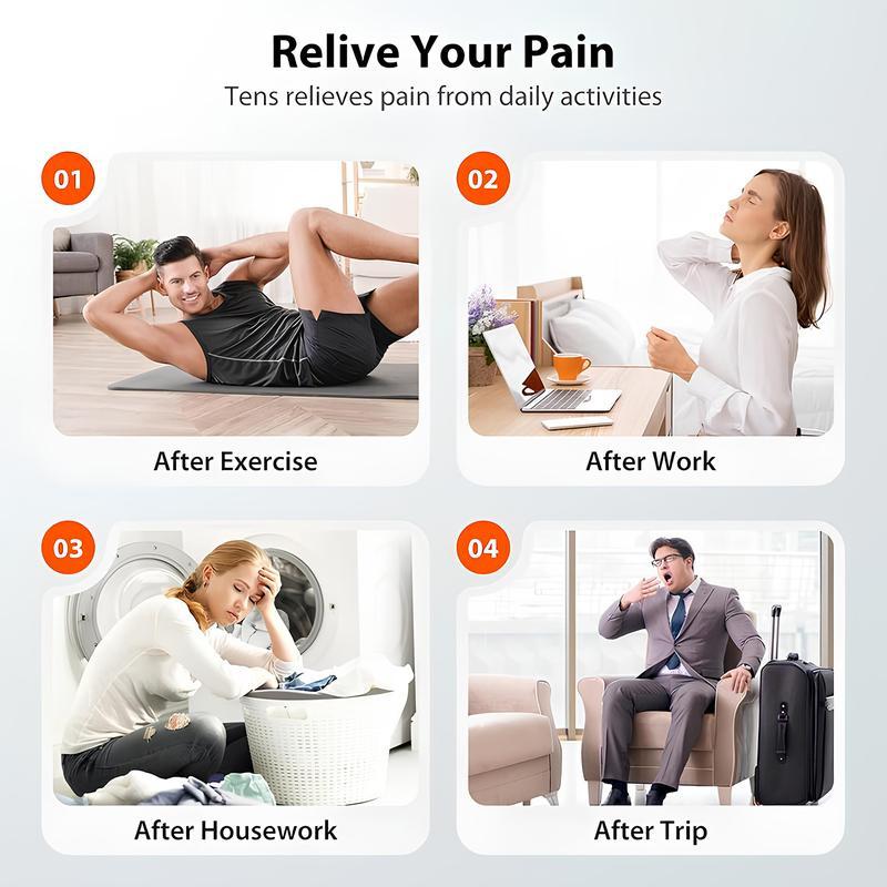 TENS EMS Muscle Stimulator – 10 Modes, Dual Channel, 30 Intensity Levels, Compact & Rechargeable, For Back, Neck & Shoulder, 4 Electrode Pads