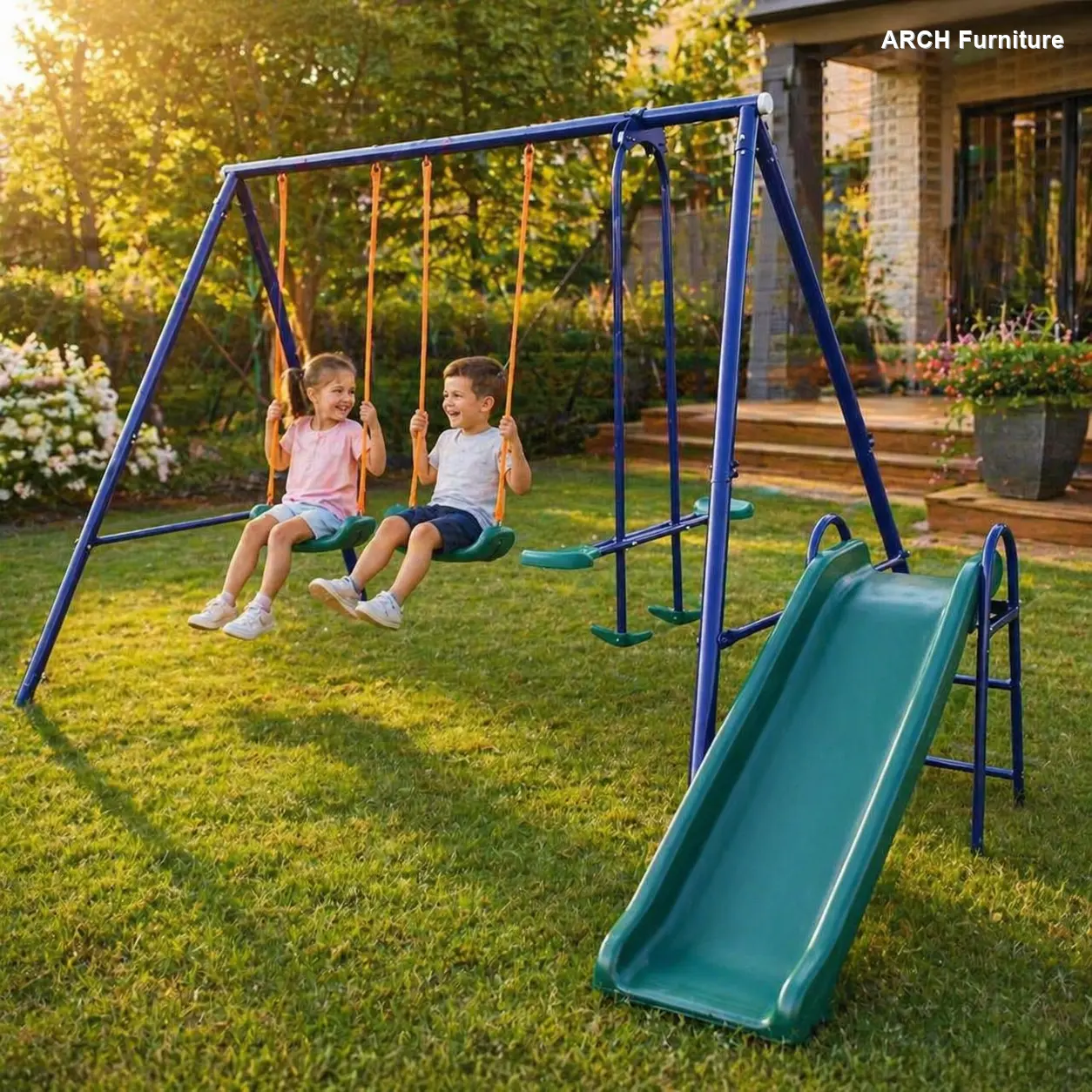 3-in-1 Durable Steel Kids Outdoor Play Set, Steel Playground Equipment with Belt Swing, Slide & Glider, Backyard Patio Furniture for Kids' Outdoor Activities
