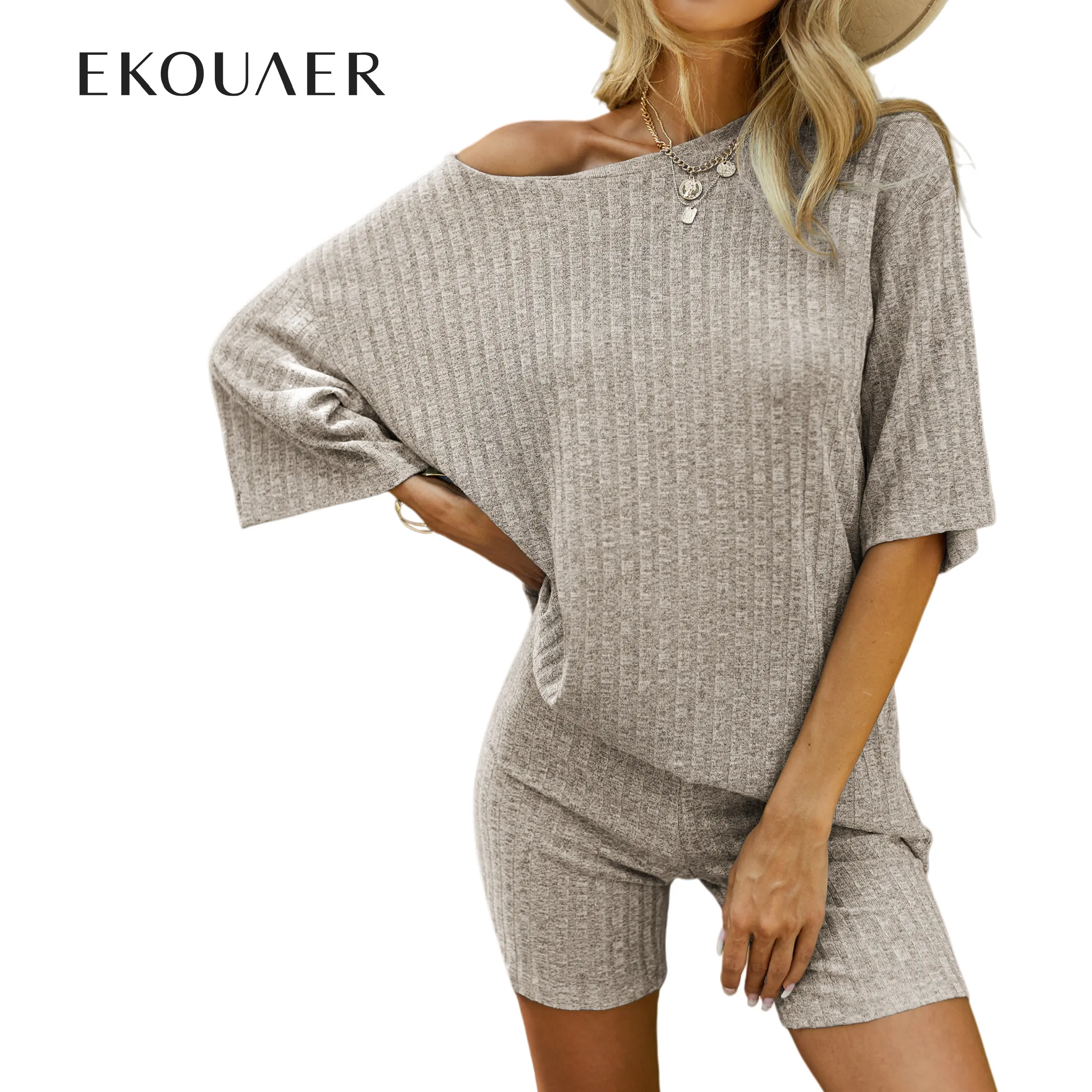 Ekouaer Women's 2-Piece Maternity Pajama Shorts Sets - Breathable Ribbed Fabric Stretchy Tee & Bike Shorts, Pregnancy Clothes, Sizes S-XXL Home Loungewear, Shorts Sets For Women