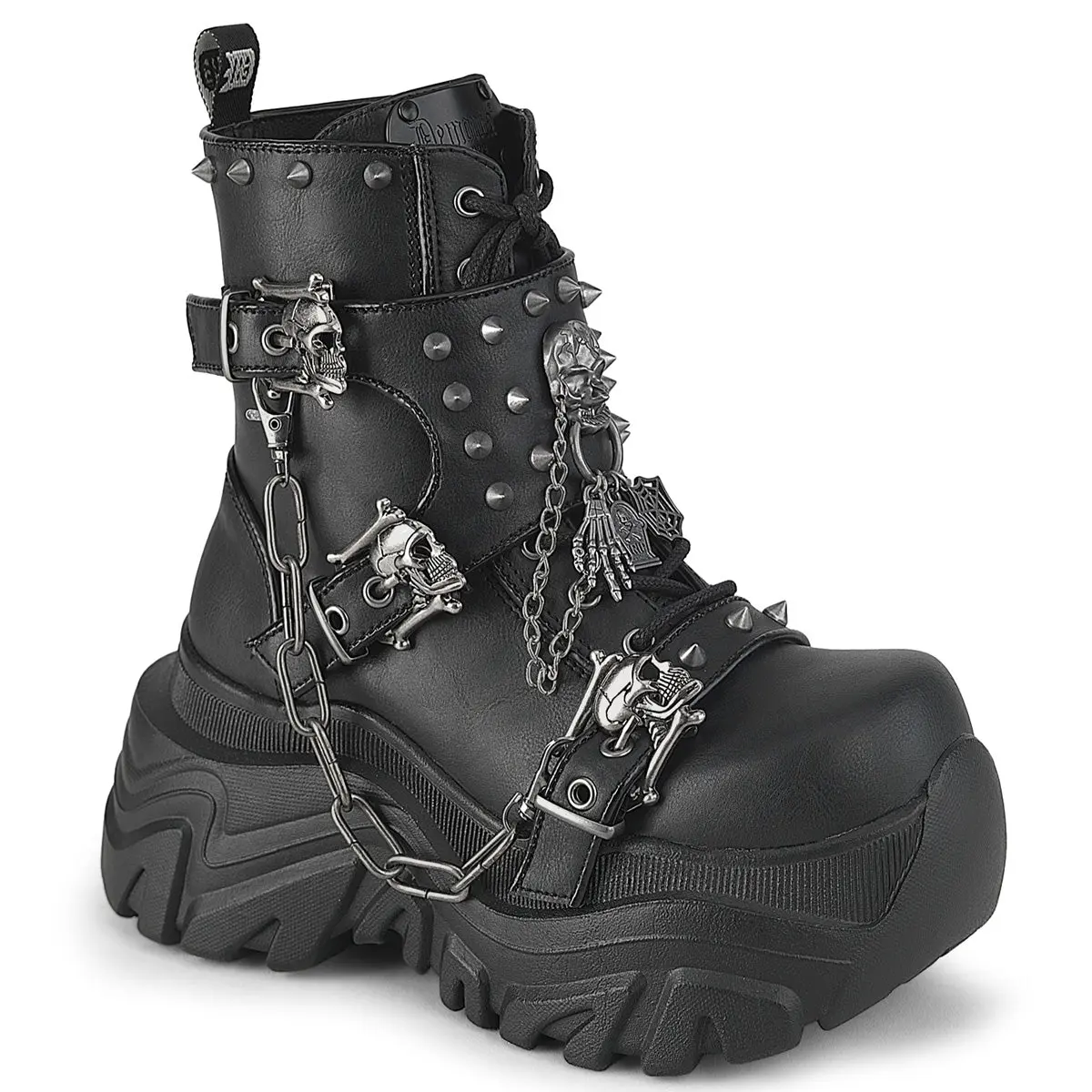 Demonia Echo-60 Black Ankle High Goth Boots with Flared Platform and Double Skull Buckle Straps for Women