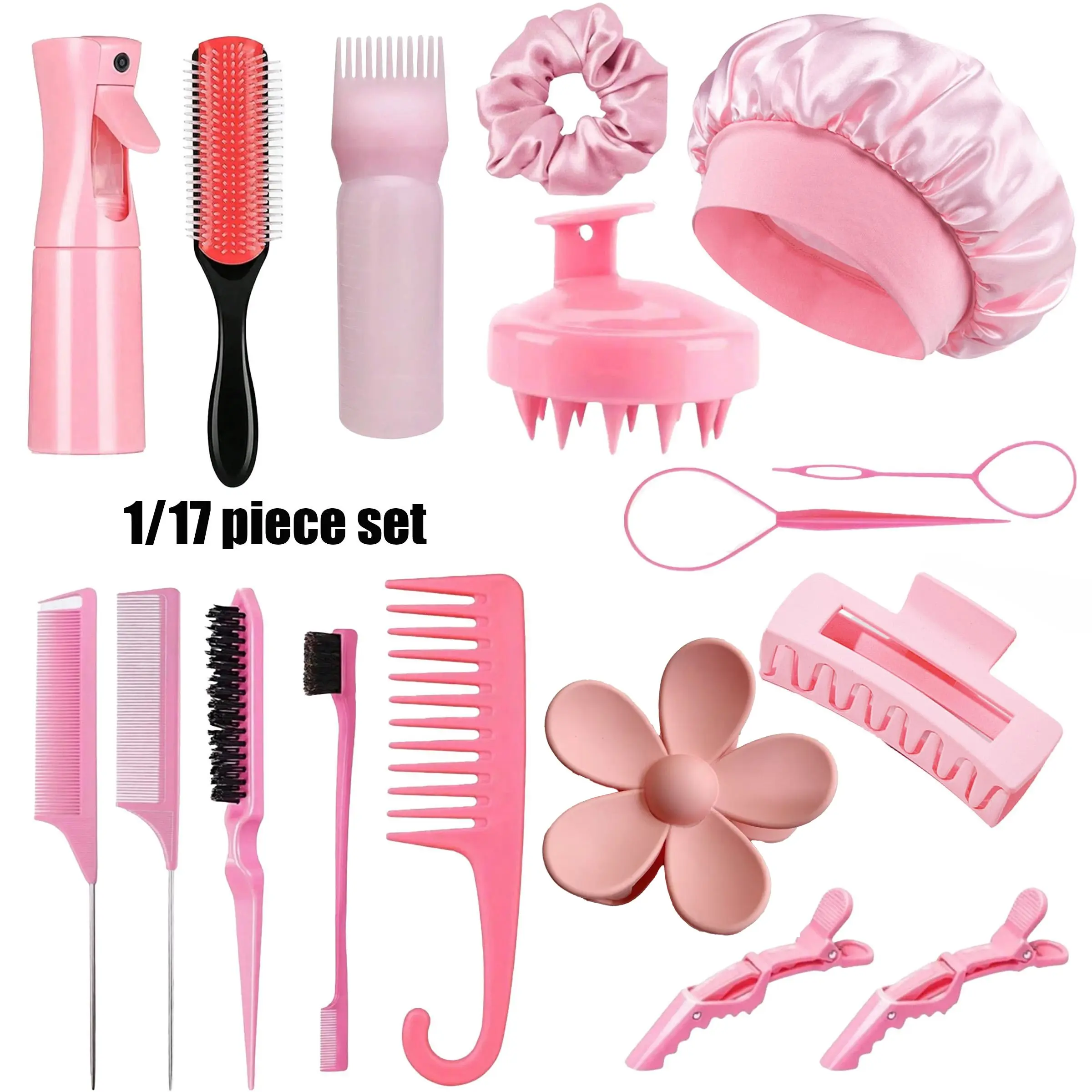 17-Piece Hair Care Set, Hair Styling Tools, Styling Kit, Includes Spray Bottle, Sleep Cap, Curl Brush, Detangling Hairbrush, Comb, Detangler, Massage Brush, Clips, Brush For Curly Hair, Heatless Styling Tools, Perfect for All Hair Types