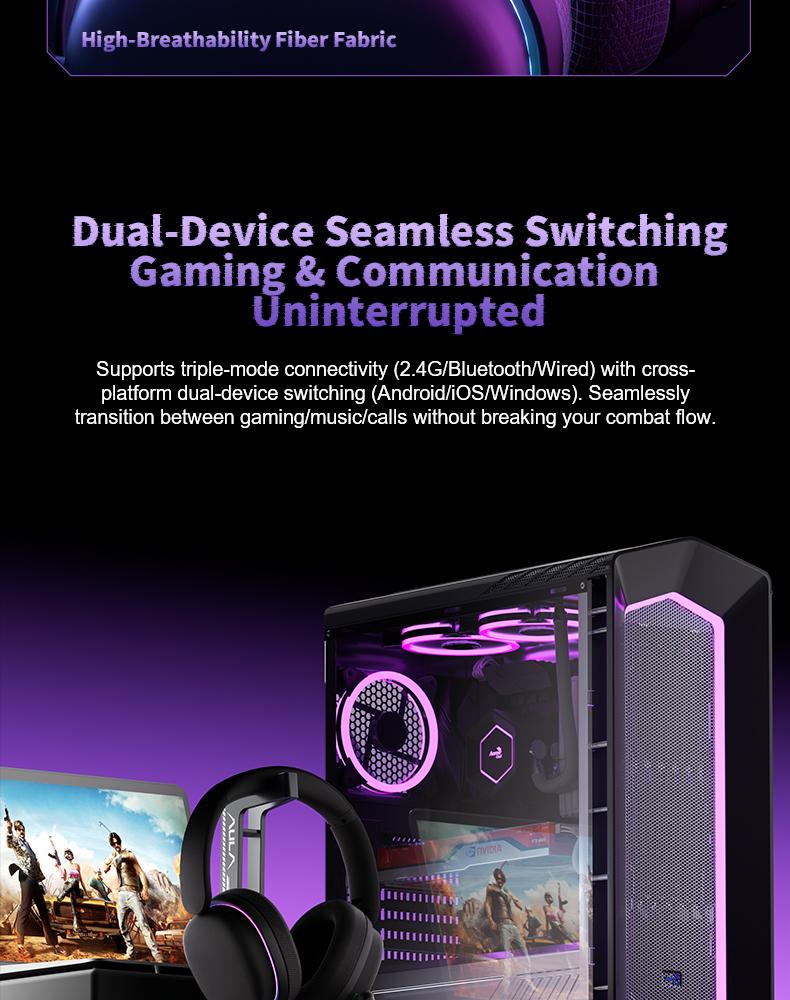 AULA G7 Pro Pink Wireless Gaming Headphones with Mic, 7.1 Surround Sound, Ultra-Low Latency, RGB Over-Ear with Noise-Canceling Mic