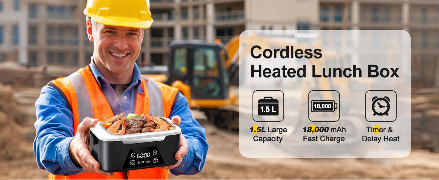 Cordless Heated Lunch Box For Adults, 1.5L (6 Cups) Rechargeable Electric Lunch Box Battery Powered With Scheduled Heating, Automatic Heating,Portable Food Warmer With Insulated Bag (Black)