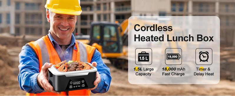 Cordless Heated Lunch Box For Adults, 1.5L (6 Cups) Rechargeable Electric Lunch Box Battery Powered With Scheduled Heating, Automatic Heating,Portable Food Warmer With Insulated Bag (Black)